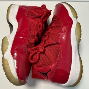 Jordan’s 11. Red and white. Pretty good condition just bottoms are yellow!